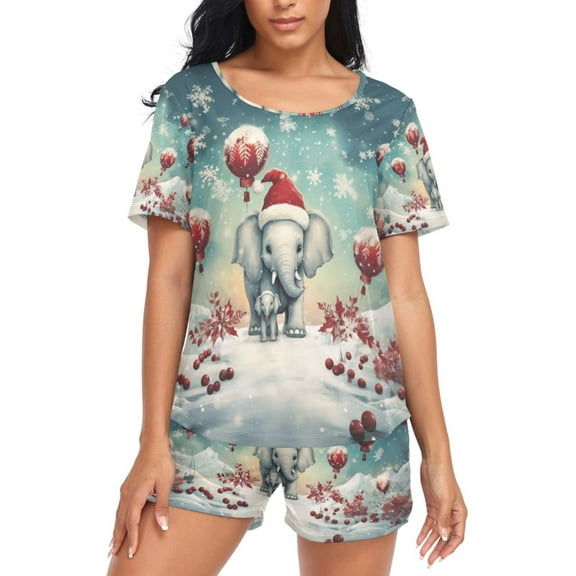 joogoo Women's Pajama Set Christmas Elephant and Balls Short Sleepwear Loungewear with Pockets M