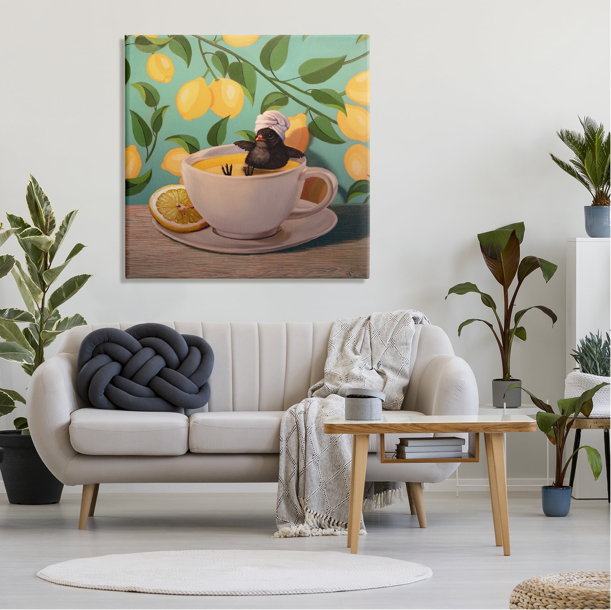 Stupell Industries Bird Bathing Lemon Tea Animals & Insects Painting Gallery Wrapped Canvas Art Print Wall Art, 36 x 36