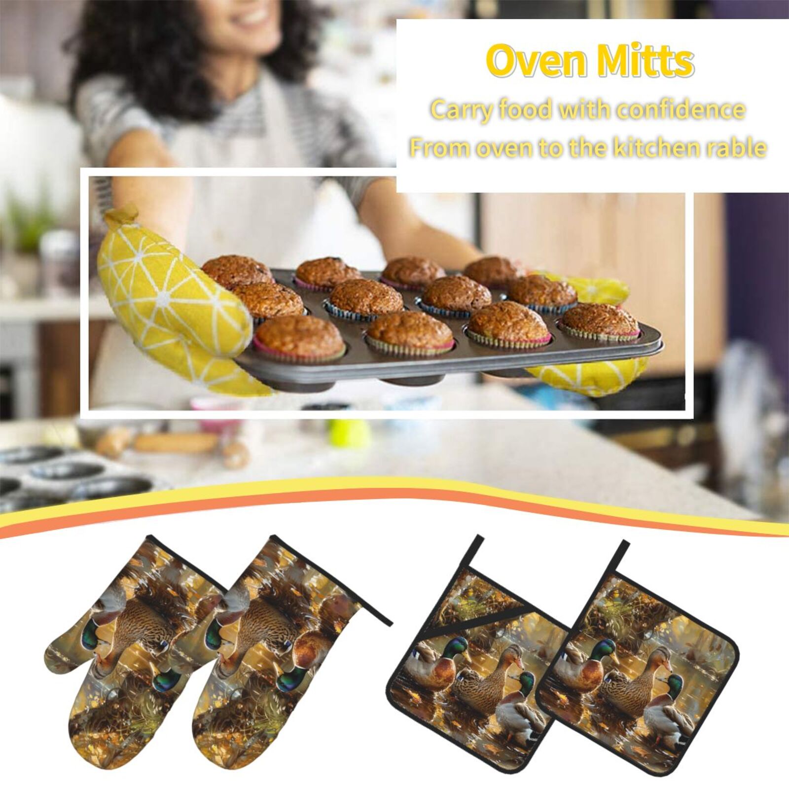 Mallards Duck Cute Hunting Art 4Pcs Oven Mitts and Pot Holders Sets Oven Kitchen Gloves Hot Pads for Cooking BBQ Baking Grilling