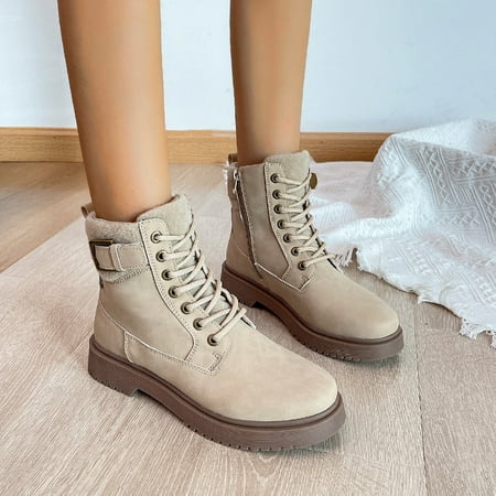 

HAOTAGS Women s Ankle Boots Fashion Booties Low Heel Lace up Flat Womens Dressy Shoes Khaki Size 8.5