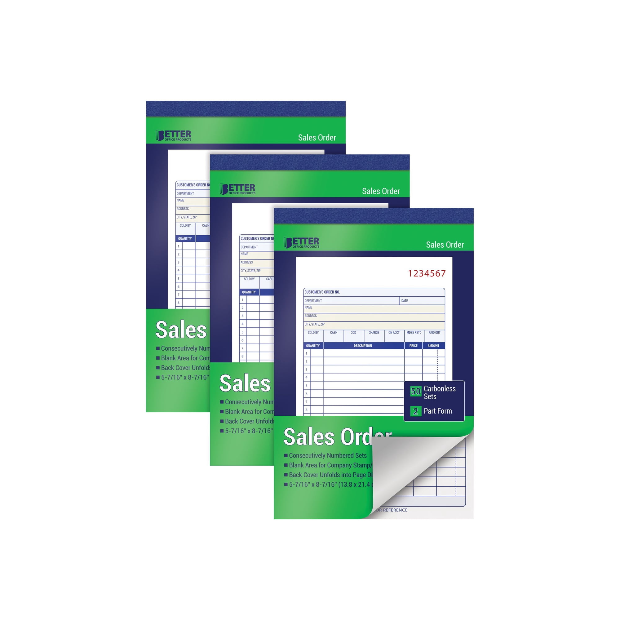 Better Office Products 2-Part Carbonless Large Sales Order Books, 50 Sets, 3 Count Pack