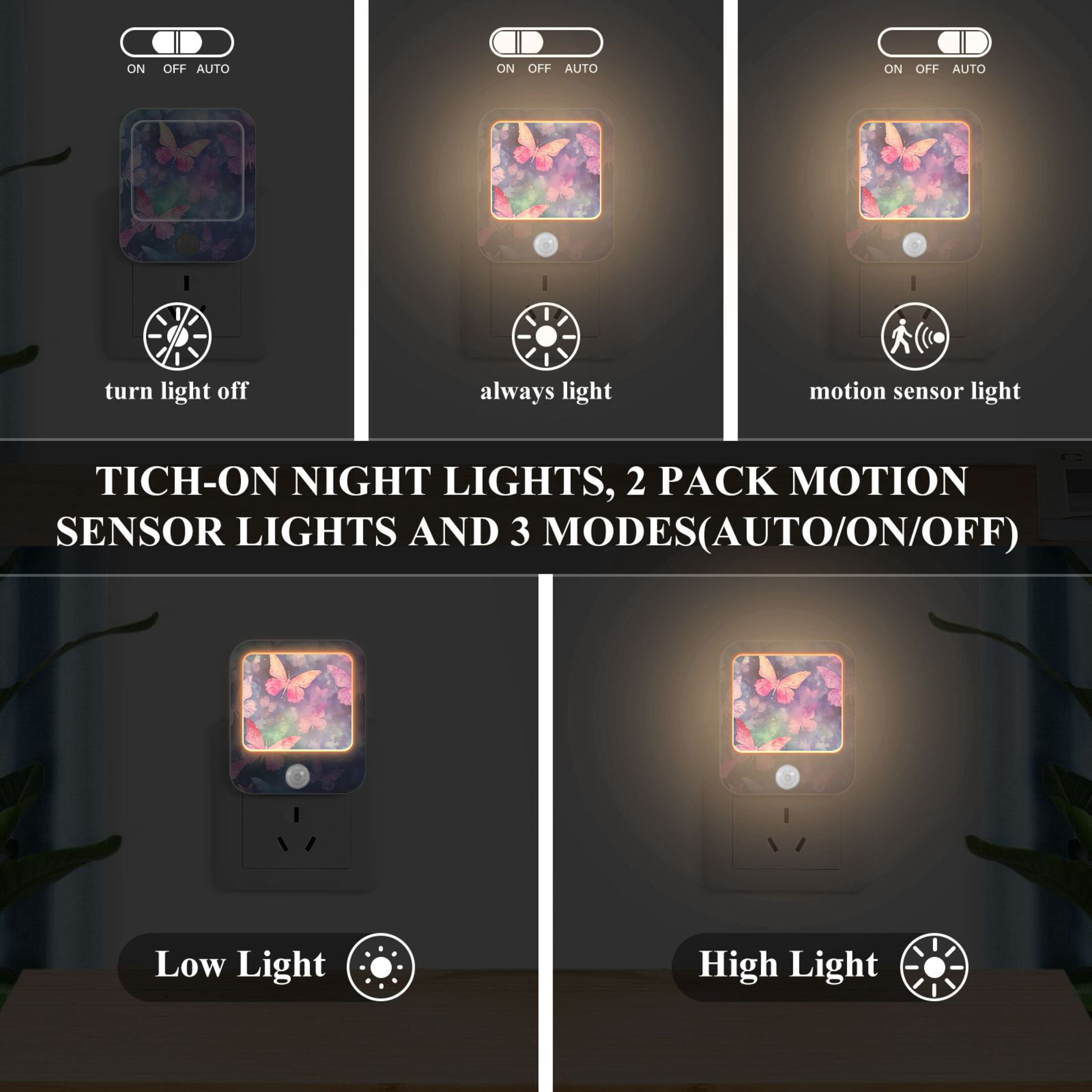 Butterflies Purple Night Lights Plug into Wall LED with Auto Light Sensor Warm Light for Kids Hallway Bedroom Living Room Kitchen Bathroom Set of 2