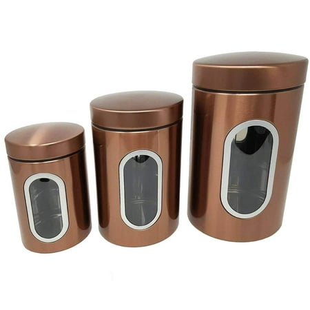 Airtight Danish Modern Set of 3 Copper Stainless Steel Metal Finish Tea, Coffee & Sugar Canisters Clear Window - Airtight Seal