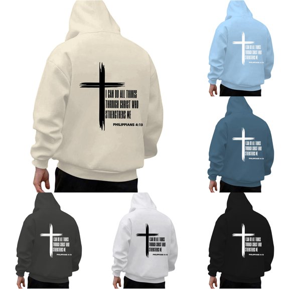 Wxolcjlv Cross Verse Letter Graphic Hoodies for Men Drawstring Hood Front Pocket Knit Tops