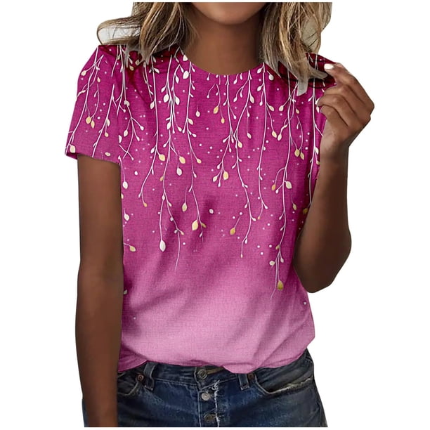 Camisetas de Manga Corta para Mujeres Moda Impresa Cuello Redondo Camiseta, Lentejuelas Detalle para Primavera Verano Casual Y Fiesta