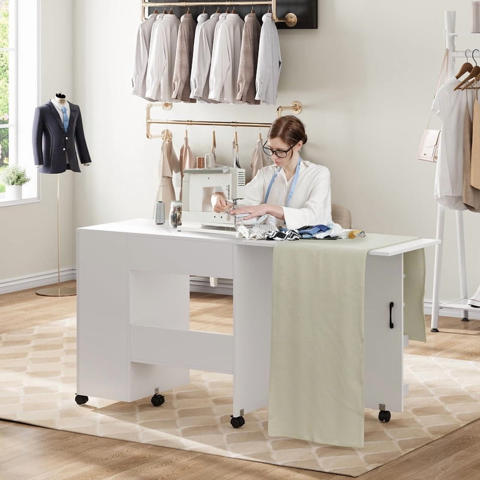 TROPOW Space-Saving Folding Sewing Machine Table for Entryway – Multi-Functional Craft Cabinet with Storage Shelves, Sliding Drawer, Lockable Wheels – Compact Rolling Organizer Desk