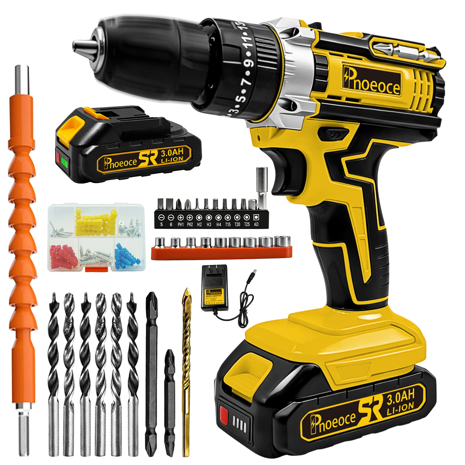 Pnoeoce 20V Cordless Drill Set,45N.m 25+3 Position Electric Drill with 3/8 inch Keyless Chuck,2-Speed,3Ah Battery for Wood Metal Plastic