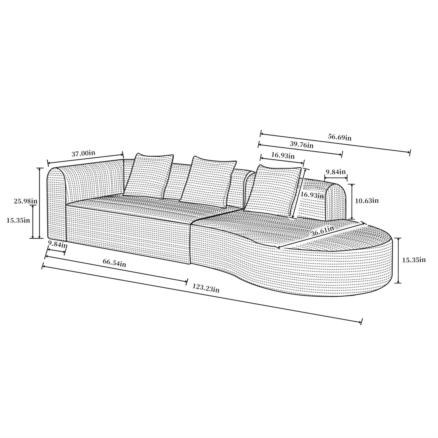 Demi Bonn 123"x37" Deep Modular Cloud Sofa, 4-Person Corduroy Sectional for Living Room, Comfortable Seat or Lie Down, No Assembly Needed, White