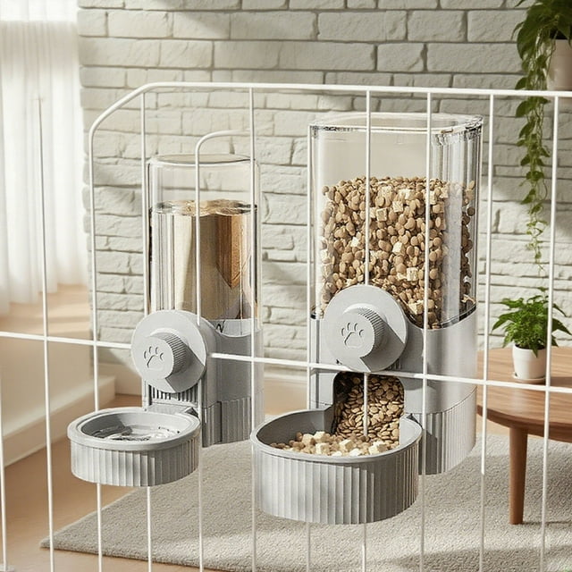 Hanging Pet Automatic Water Dispenser Feeder Combination for Cats and Dogs 520ml Water Dispenser 1200ml Feeder Gray Indoor Outdoor Use Platform Competition Title