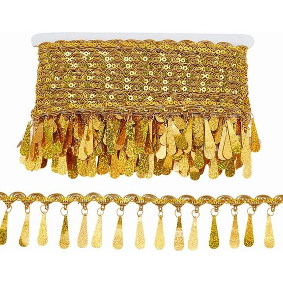 10 Yards Gold Fringe Trim Sequin Tassel Trim 2.2inches Fabric Decorative Trim Gold Edging Trim Sewing Ribbon for Curtain Lampshade Belt Chain Costume Craft Home Decor for making