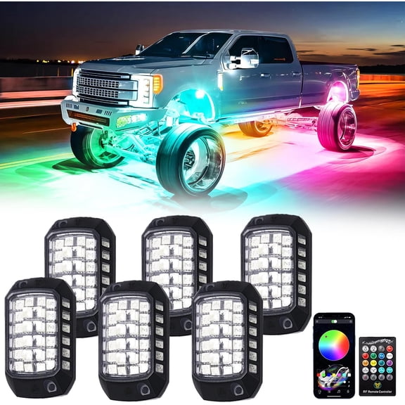 RGB Rock Lights, 6 Pods 216 LEDs SMD Chips Super Bright App Control Underglow Neon Light Exterior Chassis Wheel Well Glow Kit for Off Road Cars Trucks Jeep SUV UTV ATV RZR Golf Cart