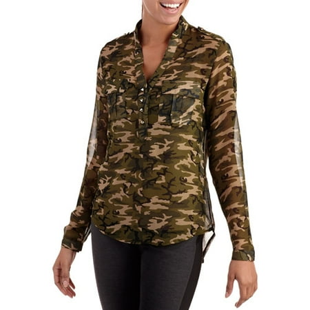 Generic Juniors Long Sleeve Chiffon Camo Hi Lo B