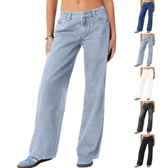 JULMCOMO Jeans for Women Low Rise Straight Leg Full Length Classic Baggy Jeans Loose Fit Casual Vintage Denim Pants with Pockets Light Blue M