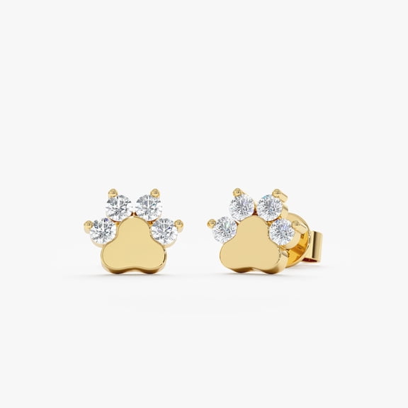 Mini Diamond Paw Stud Earrings, Dainty Pave Diamond Earrings, 14K Yellow Gold Plated