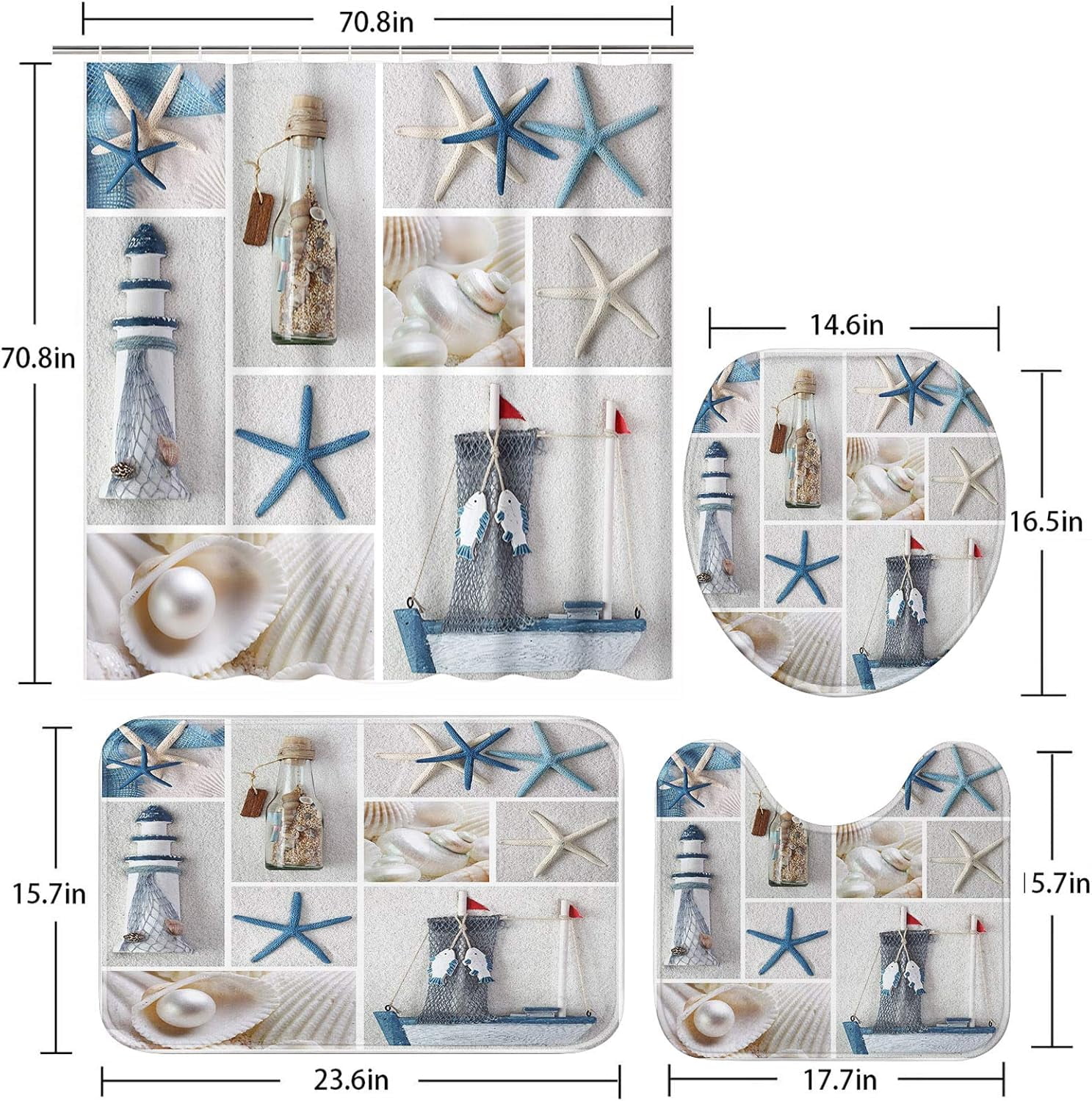 4 Pcs Shower Curtain Set Starfish Seashells Wooden Nautical Sand Beach Shell Sea Blue with Non-Slip Rugs Toilet Lid Cover and Bath Mat Bathroom Decor Set 72" x 72"