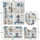 thumbnail image 5 of Juego de 4 cortinas de ducha con diseño náutico de verano, conchas marinas, faro de playa, perla, arena, conchas marinas, botella, azul, blanco, océano, con alfombrillas antideslizantes, tapa de, 5 of 7