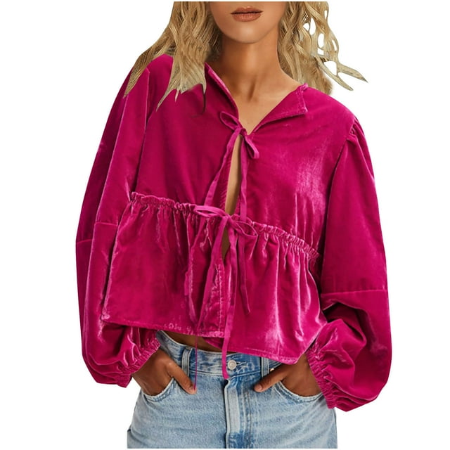 FAIWAD Women Velvet Tops Bow Tie Front Flowy Puff Long Sleeve V-Neck Ruffle Peplum Babydoll Shirts
