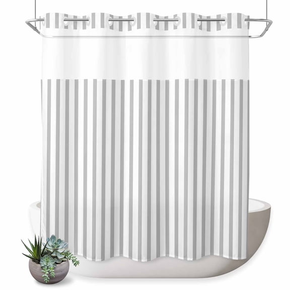 No Hook Shower Curtain, Grey Vertical Striped Shower Curtains for Bathroom with See Through Top Window, Farmhouse Thin Line Stripes Waterproof & Washable Bath Curtain Long 72"x78"