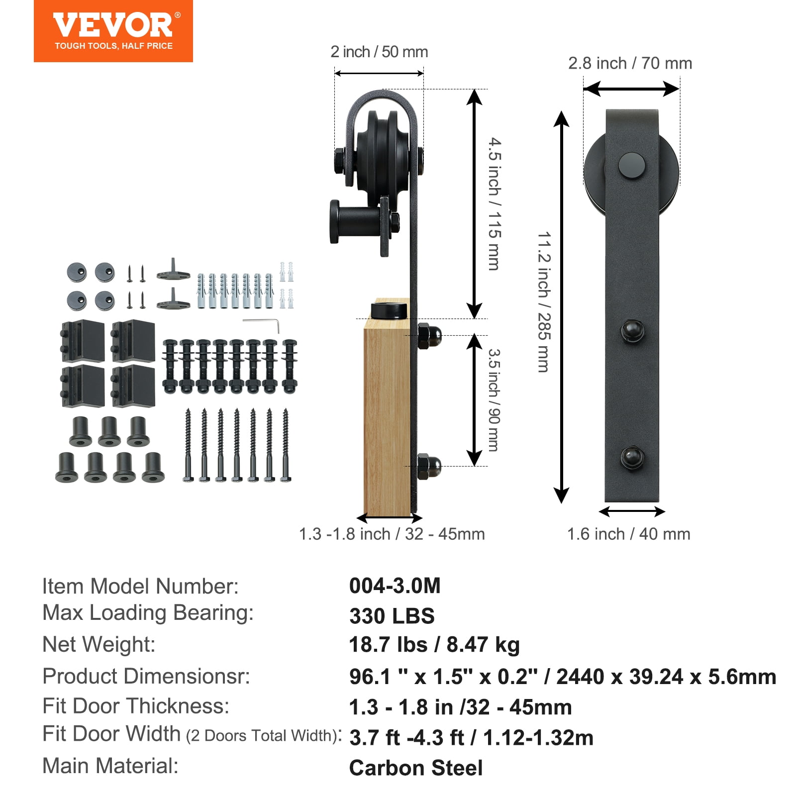 VEVOR 8 ft, Sliding Barn Door, 96.1'' x 1.5'' x 0.2'' Carbon Steel Material Barn Door Hardware Kit
