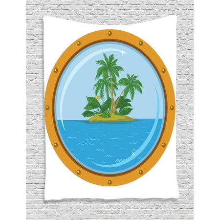 Breeze Tapestry - Ocean Island Decor Wall Hanging Tapestry, Graphic Of Tropic Island View From The Bronze Ship Window With Palm Trees, Bedroom Living Room Dorm Accessories, By Ambesonne