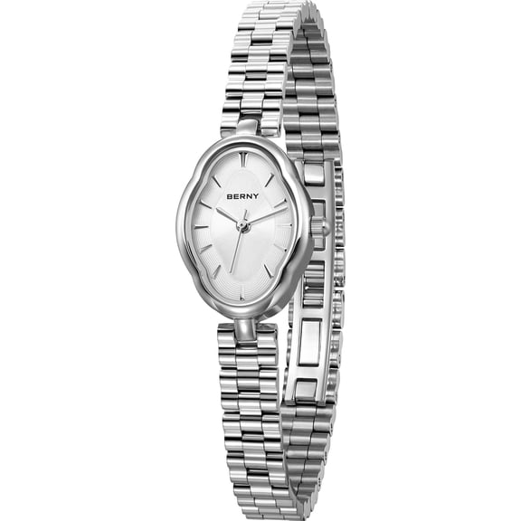 BERNY Small Silver Watches for Women, Dainty Vintage Irregular Oval Dial, Stainless Steel Bracelet Watch, Adjustment Tool Included, Waterproof, Minimalist Ladies Analog Quartz Wrist Watch (White)