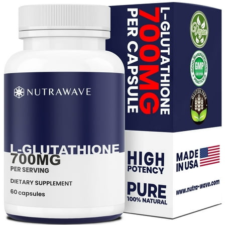 Nutra Wave L-Glutathione 700 mg Capsules, Unflavored, Antioxidant and Detox Support, Skin and Immune Health, Vegan, Non-GMO, 60 Count