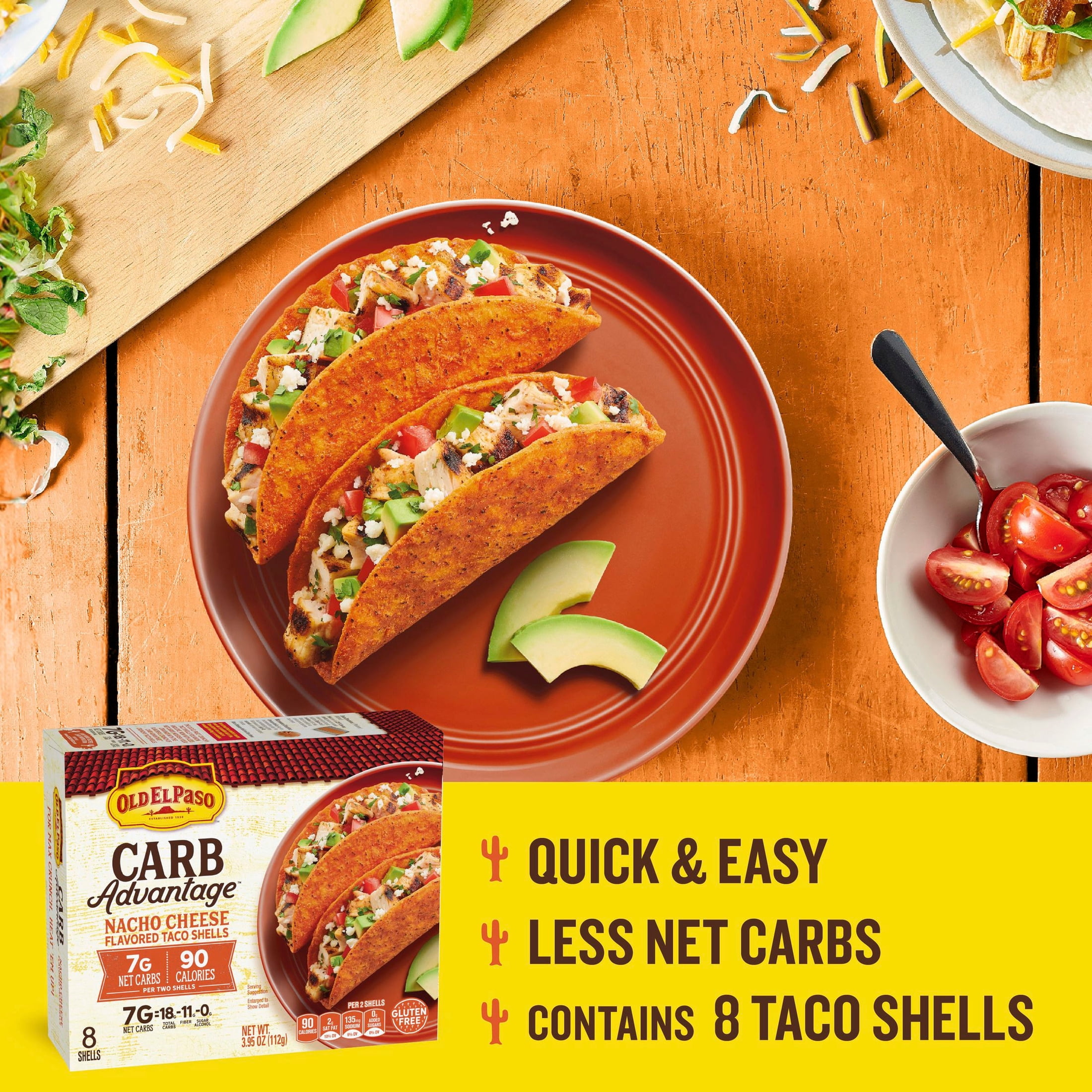 (6 pack) Old El Paso Carb Advantage Crunchy Taco Shells, Nacho Cheese Flavored, 8 Count, 3.95 oz