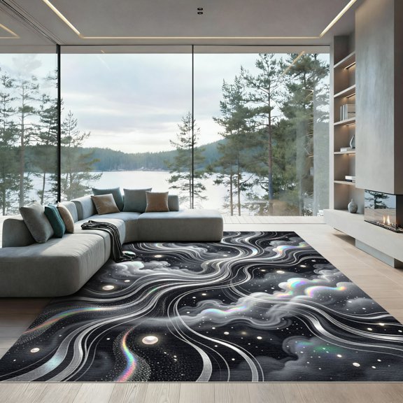 ODIKA 4'x6' Machine Washable Non-Slip Area Rug, Abstract Black High Traffic Rug, Black, 1237548