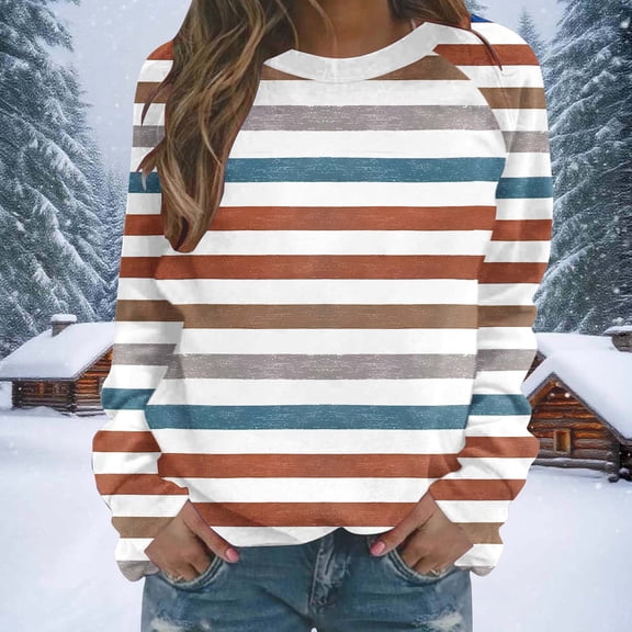 Fznquz Crewneck Ladies Tops and Blouses Yellow Striped Long Sleeve Sweatshirt Pullover Casual Spring Winter Clothing,XL