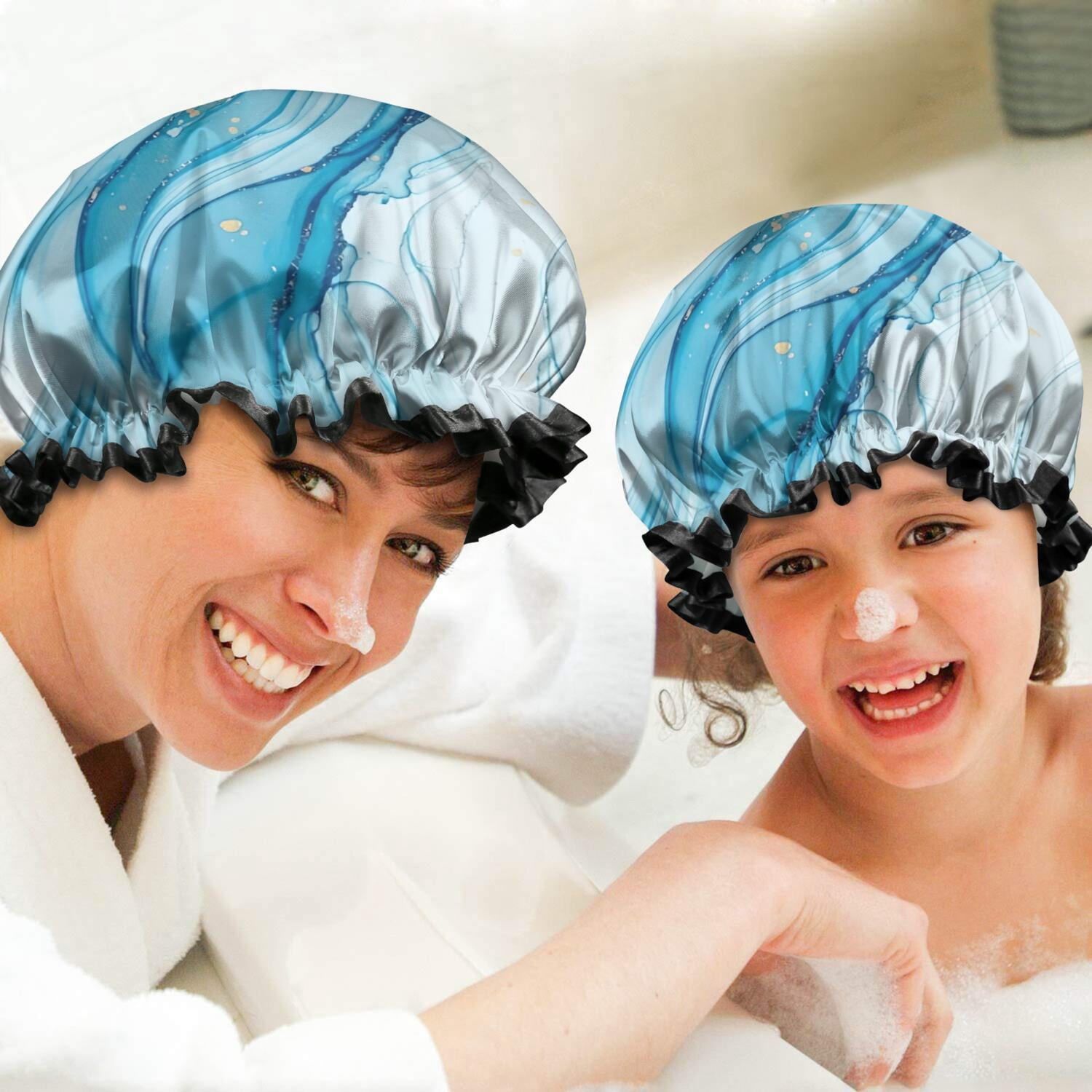 Shower Caps,Blue White Gold Marble Pattern Waterproof Shower Cap for Women 4 Pieces,Double Reusable Hair Cover for Shower PEVA Elastic Stretch Hem