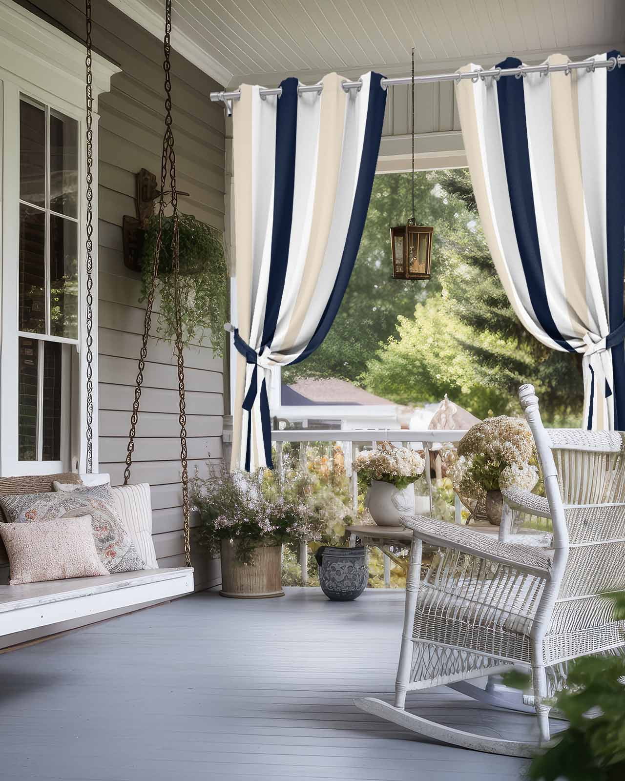 Beige Navy Blue Striped Outdoor Curtains for Patio, Farmhouse Stripe Art Privacy Drapes Grommet Waterproof Outside Curtains for Porch/Cabana/Balcony 54"x 84", 2 Panel
