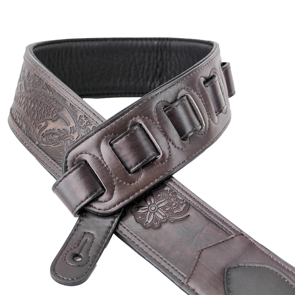 Walker & Williams LIE-14 Weathered Dark Brown Leather Padded Guitar Strap with Embossed Tooling