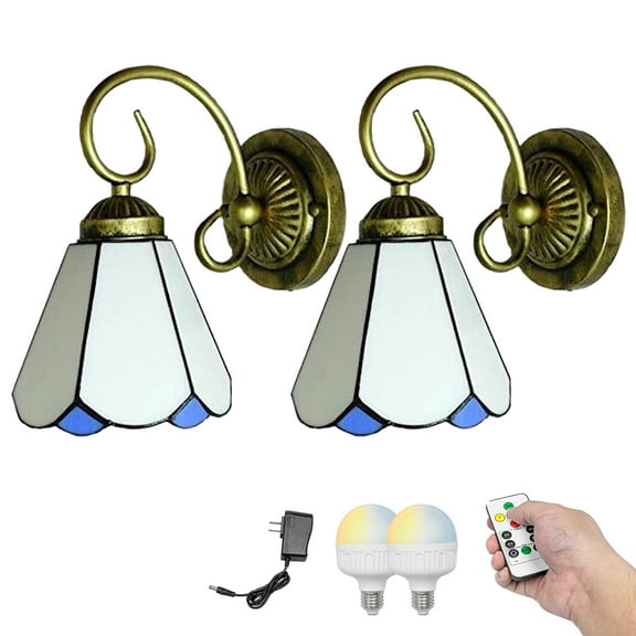 Kiven Battery Operated Wall Sconces, Tiffany Style Wall Lights with Rechargeable LED bulb and Glass Shade, Dimmable Wall Lighting Fixtures for Painting Bedroom Hallway（Set of 2）