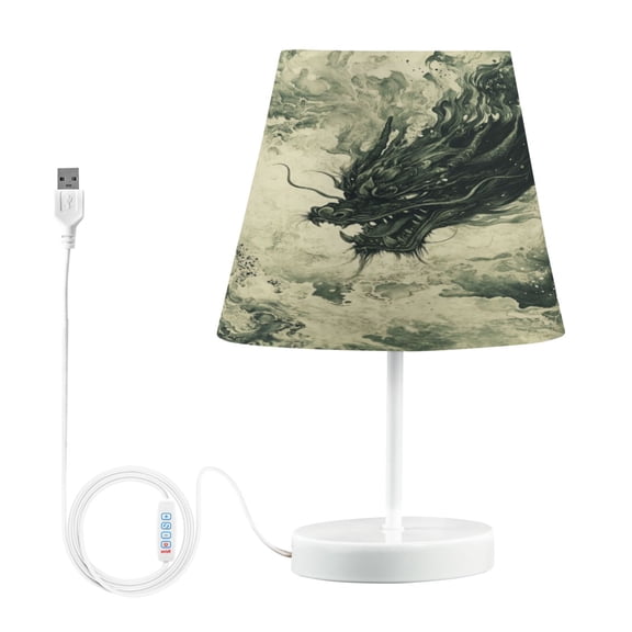 WOBOGO Dark Green Dragon Table Lamps Bedroom 3-Speed Dimmable Farm Style with Fabric Shade for Reading and Home Office