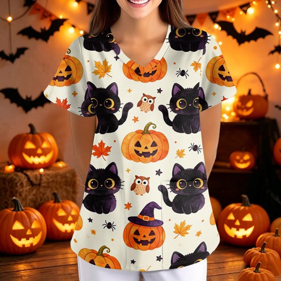 Halloween Scrubs for Women Plus Size Pumpkin Black Cat Nurse Working Uniforms Trendy V Neck Scrub Shirt Soft Easy Care Short Sleeve Tees Blouse with Pockets Yellow L