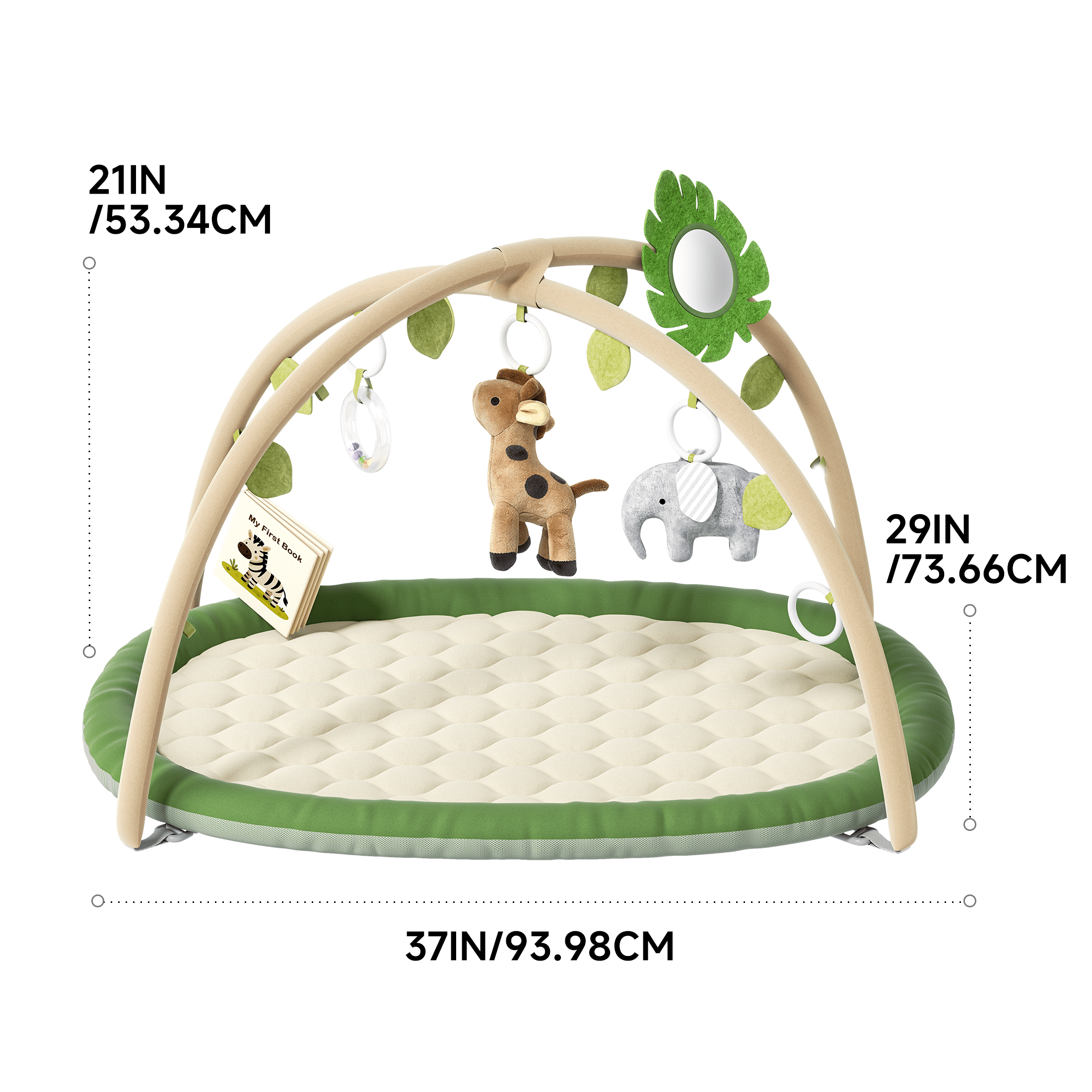 Babyomi Thickened Baby Play Gym and Activity Mat, Washable Tummy Time Mat with Detachable Sensory Toys & Cards Promote Motor Skills, Non Slip Mat for Infant Gift,Green