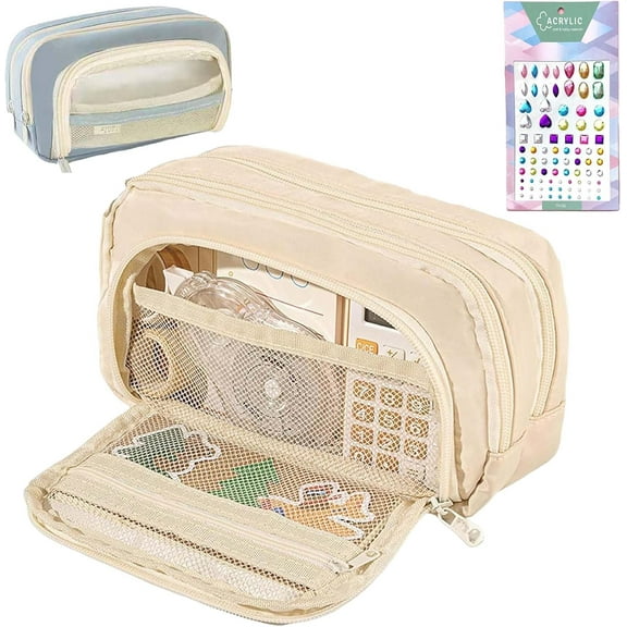 Big Capacity Pencil Case, 3 Compartments Simple Storage Aesthetic Pencil Case, Large Capacity Pencil Pouch Handheld Pen Bag Cosmetic Portable Gift (Beige)