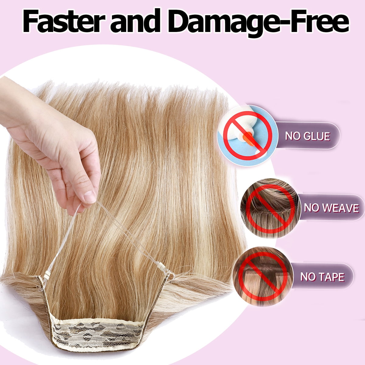 SEGO Wire Hair Extensions 100% Human Hair Straight Hair Extensions 16inch-22inch Light Blonde Highlighted Golden Blonde Invisible Wire Fish Line Hair Extensions Straight Human Hair Extensions