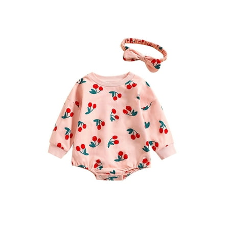 

Amuver Baby Girl Casual Romper Cherry Print Crew Neck Long Sleeve Jumpsuit with Hairband for Toddlers 3-24 Months