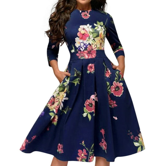 WTXUE Plus Robes Taille, Ligne A Manches 3/4 Mi-Longue Col Ras du Cou, Robe Trapèze Rétro Élégante de Fête Vestidos Robe Imprimée Rétro Florale pour Femme Grande Taille, Bleu Taille 3TG(US:14)