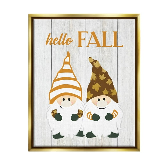 Stupell Industries Hello Fall Whimsical Gnomes Graphic Art Metallic Gold Floating Framed Canvas Print Wall Art, Design by CAD Designs