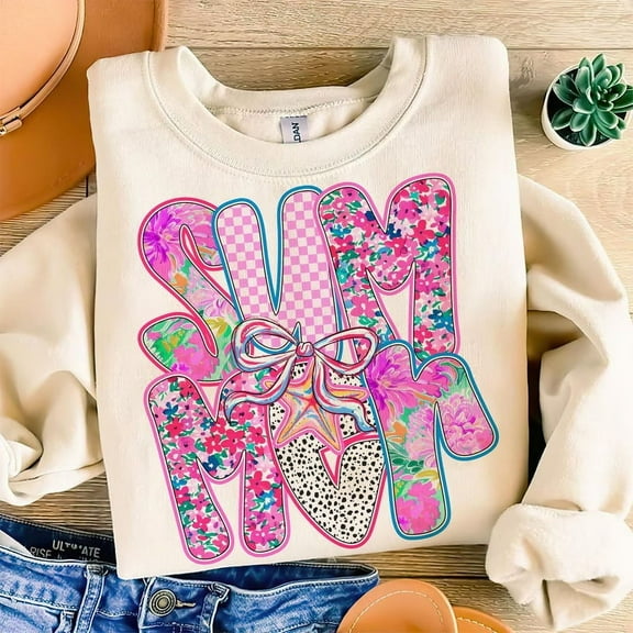 Hello Summer Sweatshirt, Coquette Floral Beach Shirt, Retro Summer Vibes Sweatshirt, Hand Drawn Brushstroke Shirt, Cute Vacation Outfit