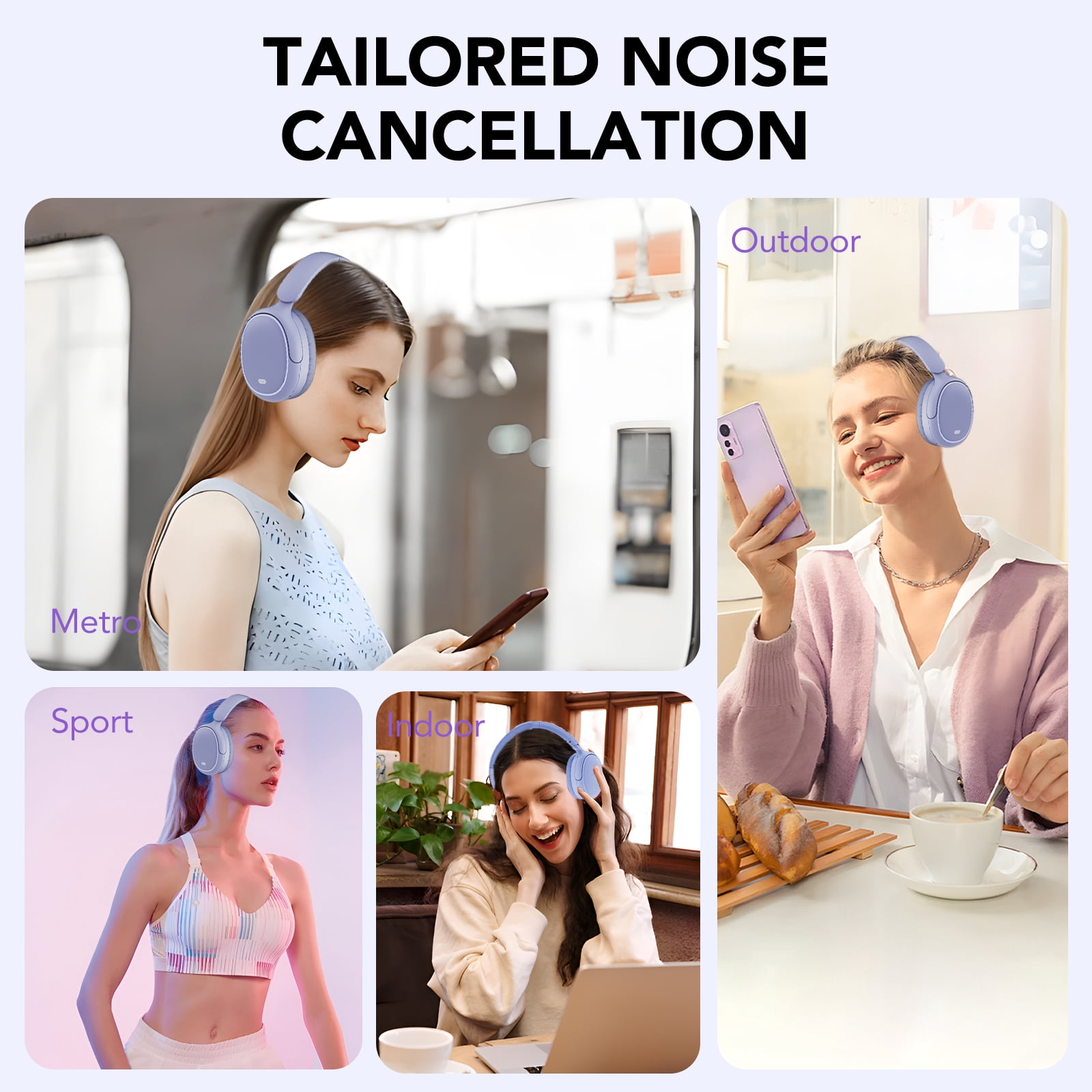 Hybrid Active Noise Cancelling -45dB, Bluetooth Headphones 5.4, 50H Playtime Earbuds, Clear Call with 4 Mics, Bass Boosted by 90%, Comfort Fit Over Ear Headphones for Travel Home Office PC Purple
