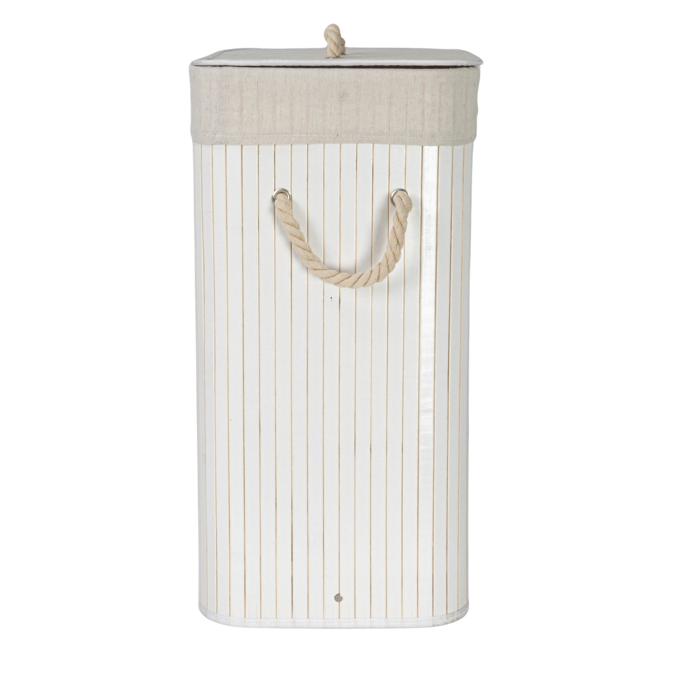 Household Essentials Bamboo Laundry Hamper with Rope Handles, Lid and Removable Machine Washable Laundry Bag, 19-Gallons, White