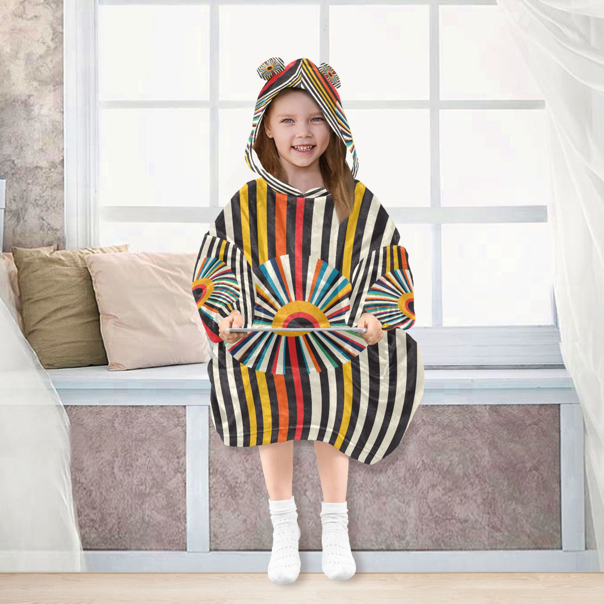 FORMRS Wearable Blanket Hoodie with Sleeves for Kids Cozy Flannel Sweatshirt, Geometric Stripes