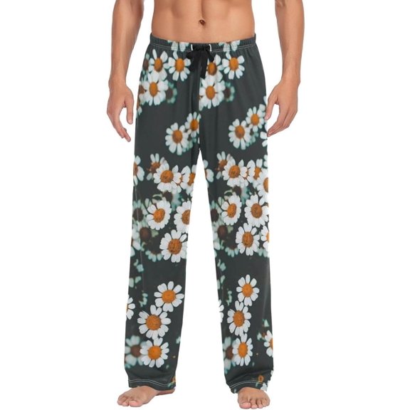 Floral Daisy Pattern Ghost Pajama Pants, Men's Lounge Pants Light with Drawstring and Pockets, Christmas New Year Birthday Father's Day Gifts, Medium