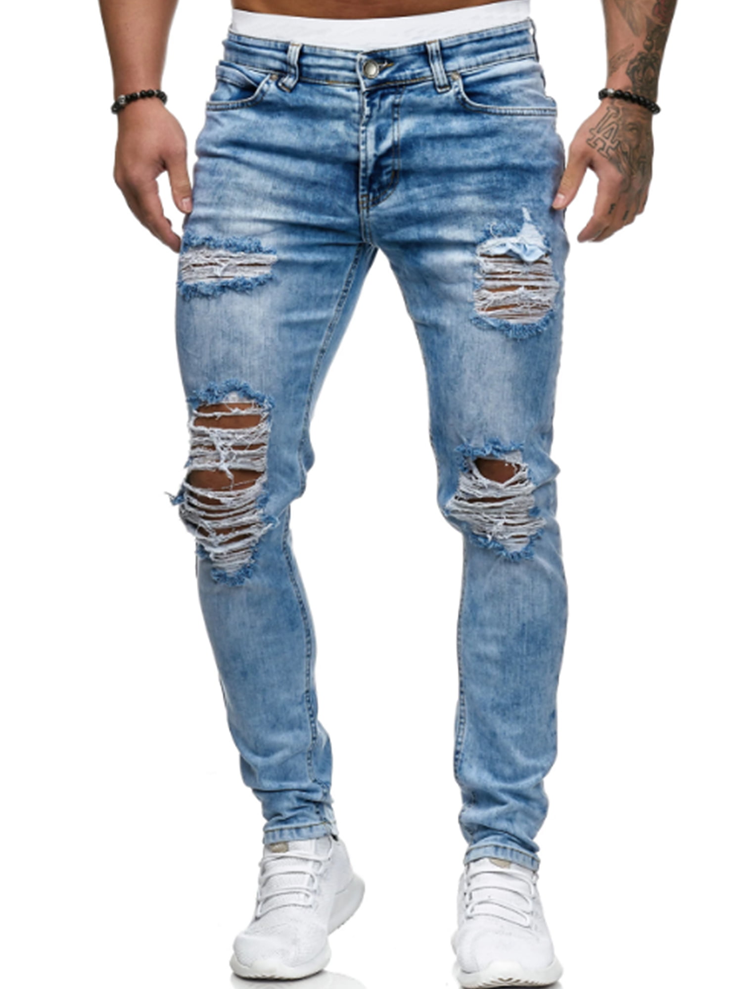 Man Ripped Skinny Biker Jeans Destroyed Taped Slim Fit Hiphop Streetwear Denim Pants HHei_K Mens Fashion Stretchy Jeans