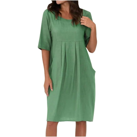 Women's Casual Dresses Clearance Short Sleeve Round-Neck Dress Solid Color Pocket Sequin Dress Cotton linen Crew neck Beach Below the Knee dress,Green,XL