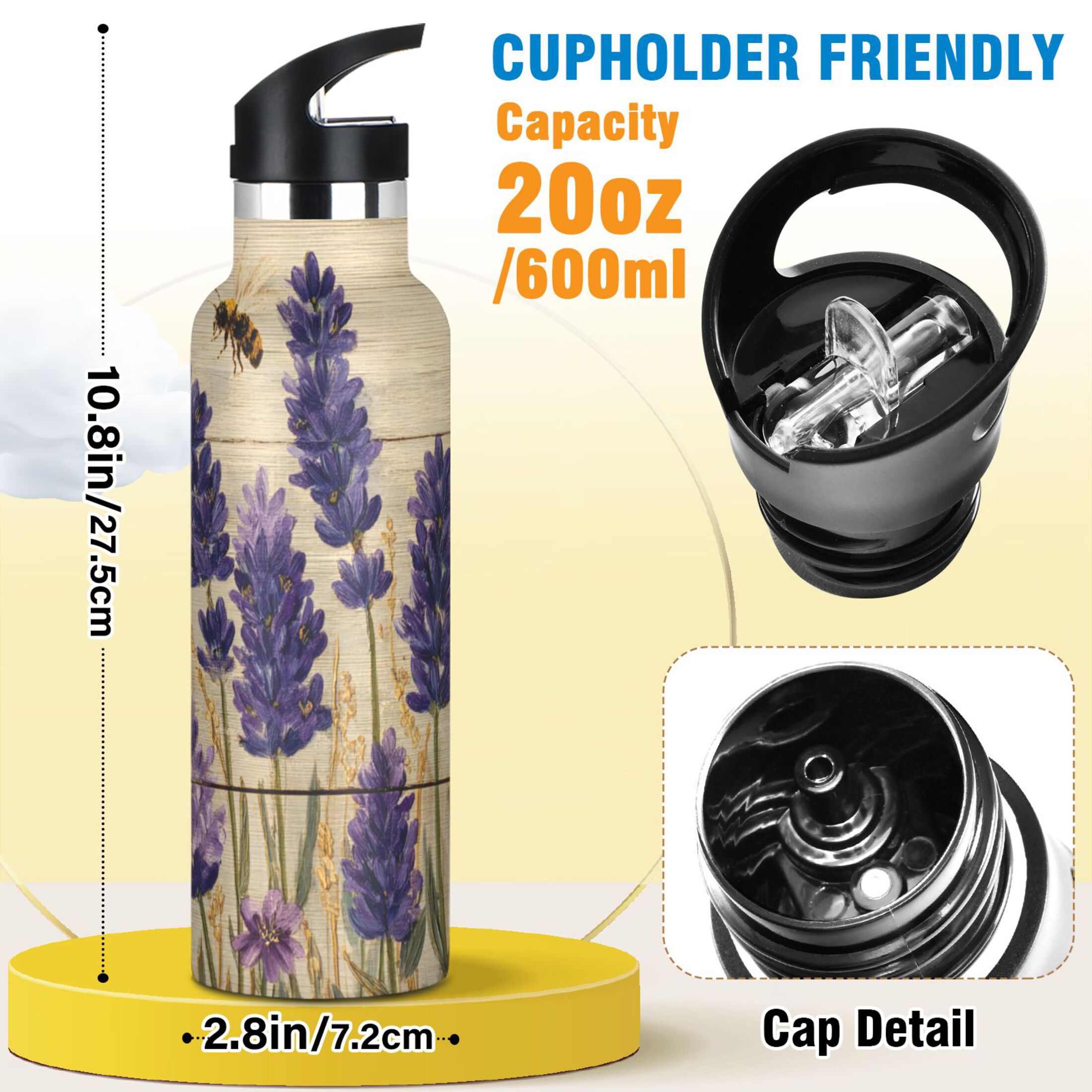 Kids Insulated Stainless Steel Sports Water Bottle 600ml (20oz) Lavender Sea