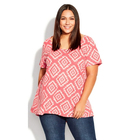Avenue Women's Plus Size Swing Trim Print Top Short Sleeve Scoop Neckline - Cotton